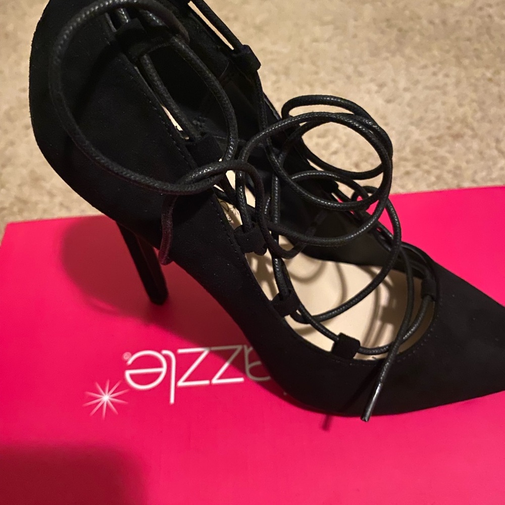 Adrienne Black Suede Lace-Up Heels
